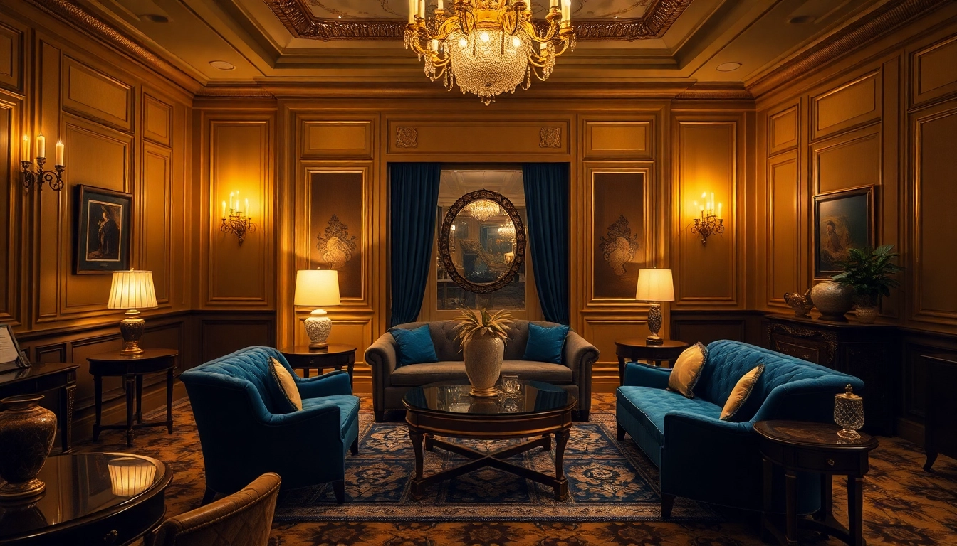 Experience luxury in an elegant room featuring golden decor and soft lighting.