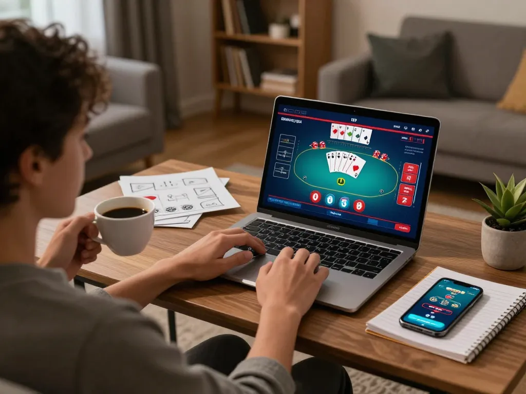 Engaging online poker gameplay on 88xx in a cozy living room with strategy notes and a laptop.