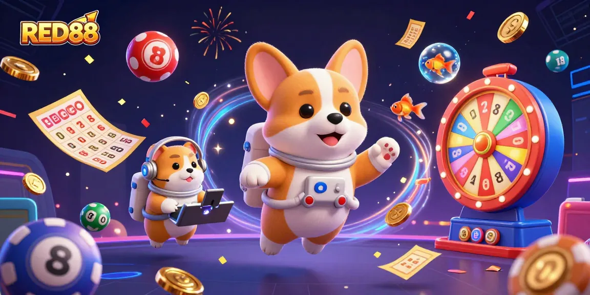 Win big with RED88 in a vibrant space casino scene filled with floating lottery elements and confetti.