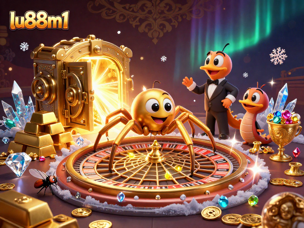 Engaging scene at lu88m1, showcasing a golden spider at a roulette web with treasures and gaming elements.