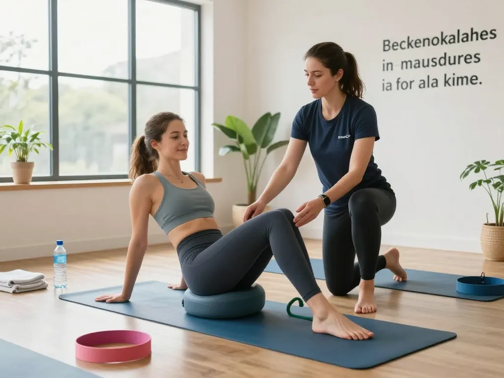 Pelvi-care.de pelvic health therapy session with effective Beckenbodenmuskeltrainer and fitness instructor guiding exercises.
