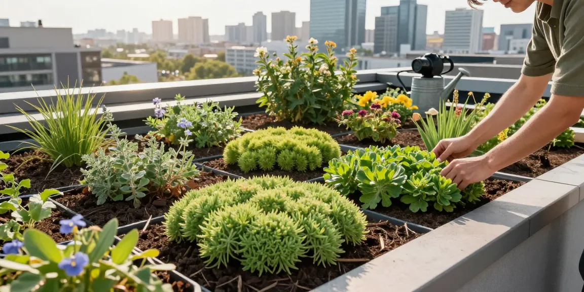 Umfangreiche Dachbegrünung mit Sedum-Pflanzen in einem lebendigen städtischen Dachgarten, der einfache Pflege und umweltfreundliches Design betont.