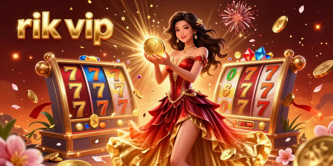 Engage with slots at Rik VIP, featuring a stunning Asian woman holding a golden coin amidst a flurry of golden rewards and slot elements.