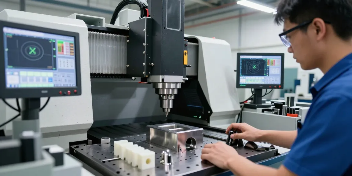 CNC-Fräsen in einer professionellen Werkstatt mit einem Techniker, der hochwertige Komponenten bearbeitet.
