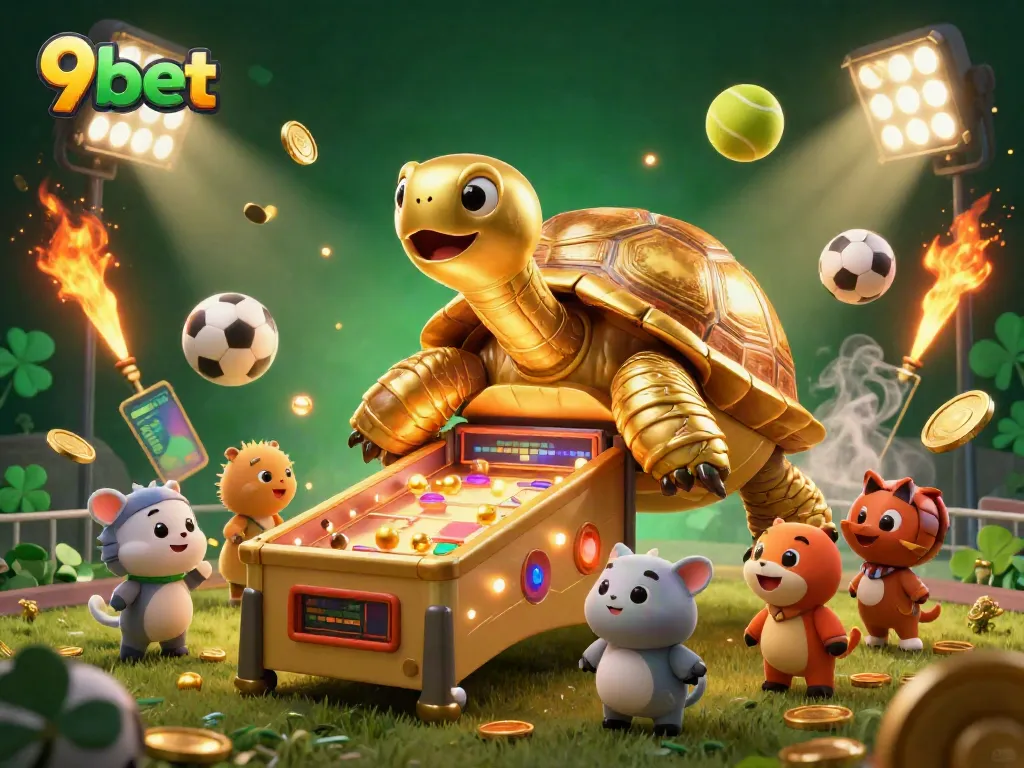 Experience the excitement of 9bet casino games with colorful sports elements and a lively tortoise.