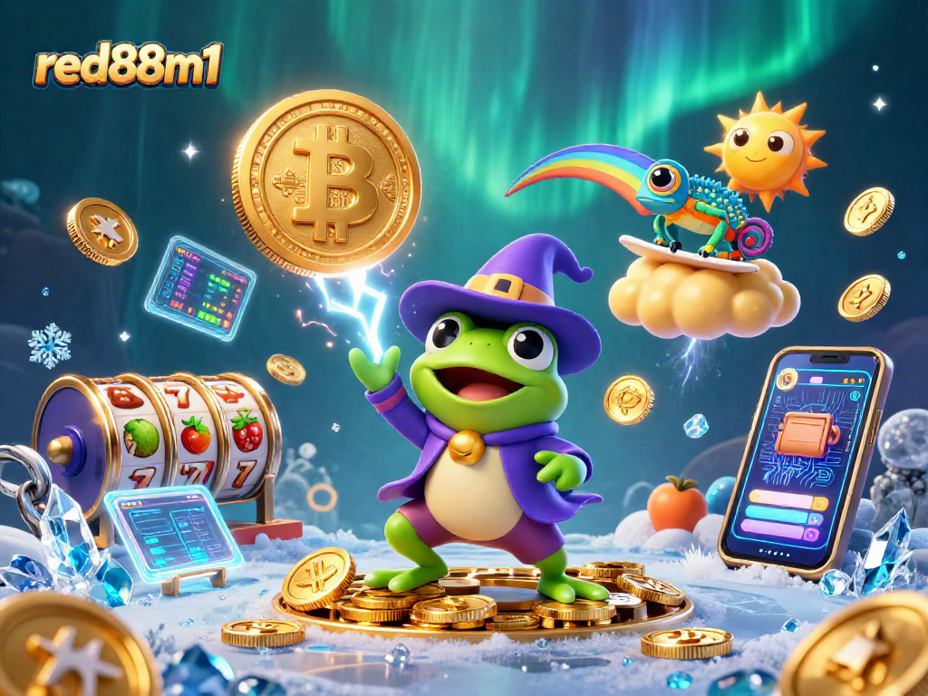 Experience the thrill of winning on red88m1 with a vibrant, dynamic 3D casino scene featuring magical characters and crypto elements.