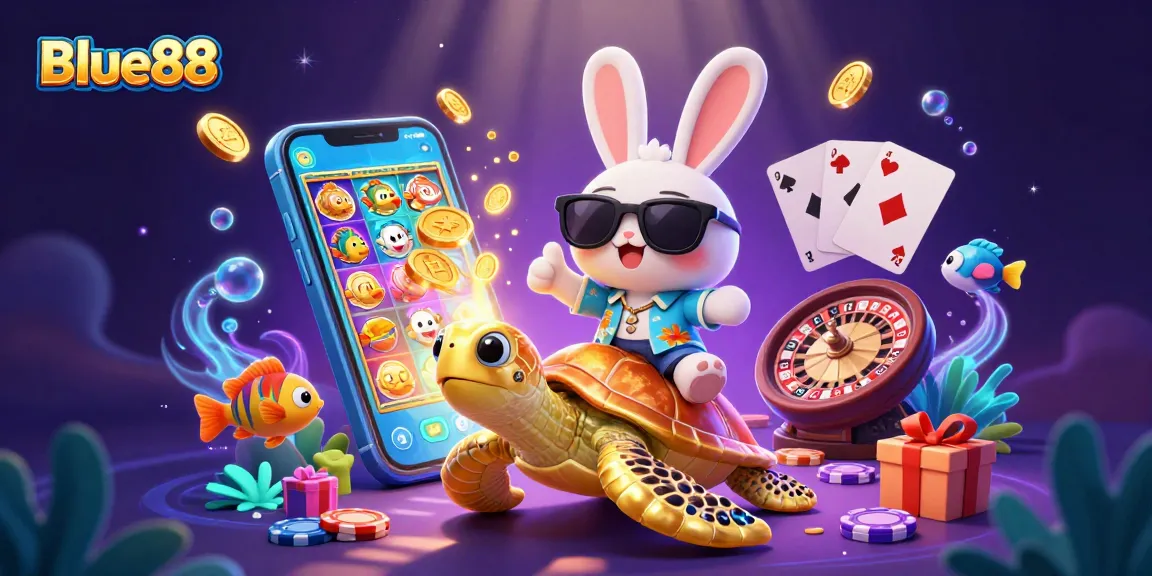 Spin games and win with excitement at Blue88 in this vibrant casino illustration!