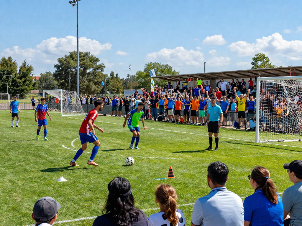 Wetten Fußball: Aktive Szene mit Spielern auf dem Spielfeld und begeisterten Fans im Hintergrund.