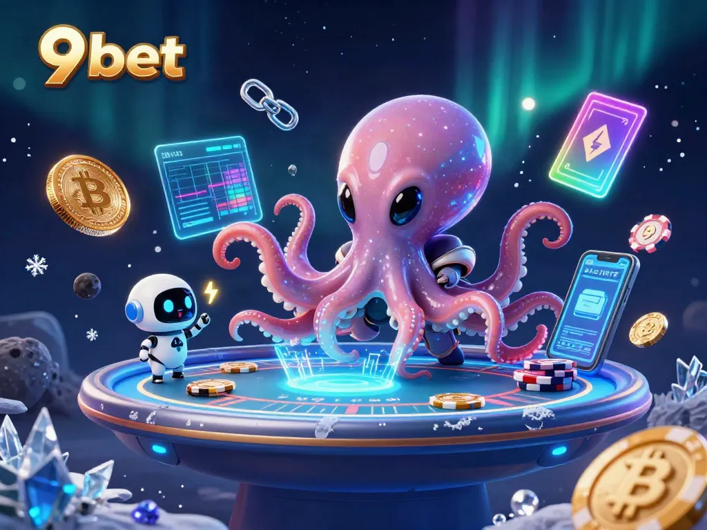 Join the fun at 9bet with an alien octopus handling a holographic poker table amid dynamic crypto elements.