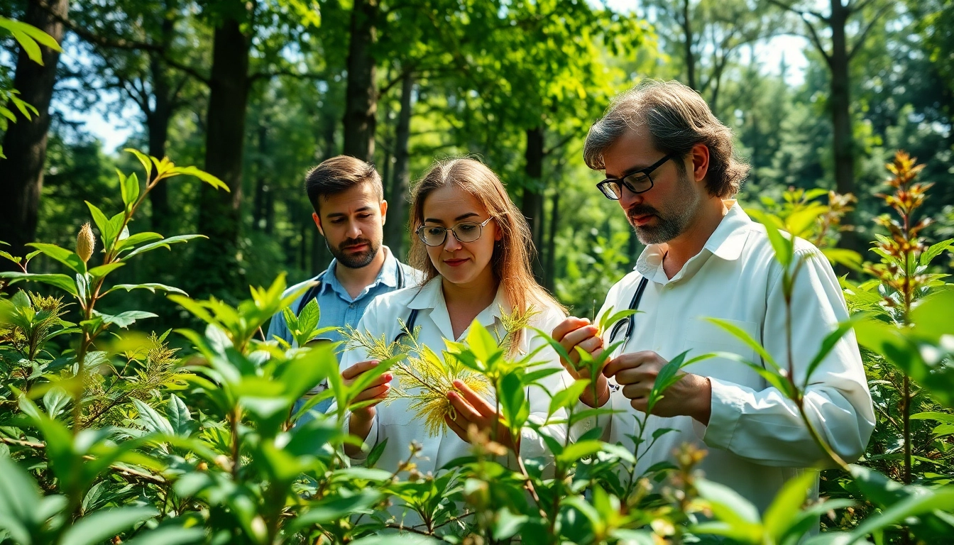 Umweltforschung in einem grünen Wald mit Wissenschaftlern, die Pflanzen untersuchen.
