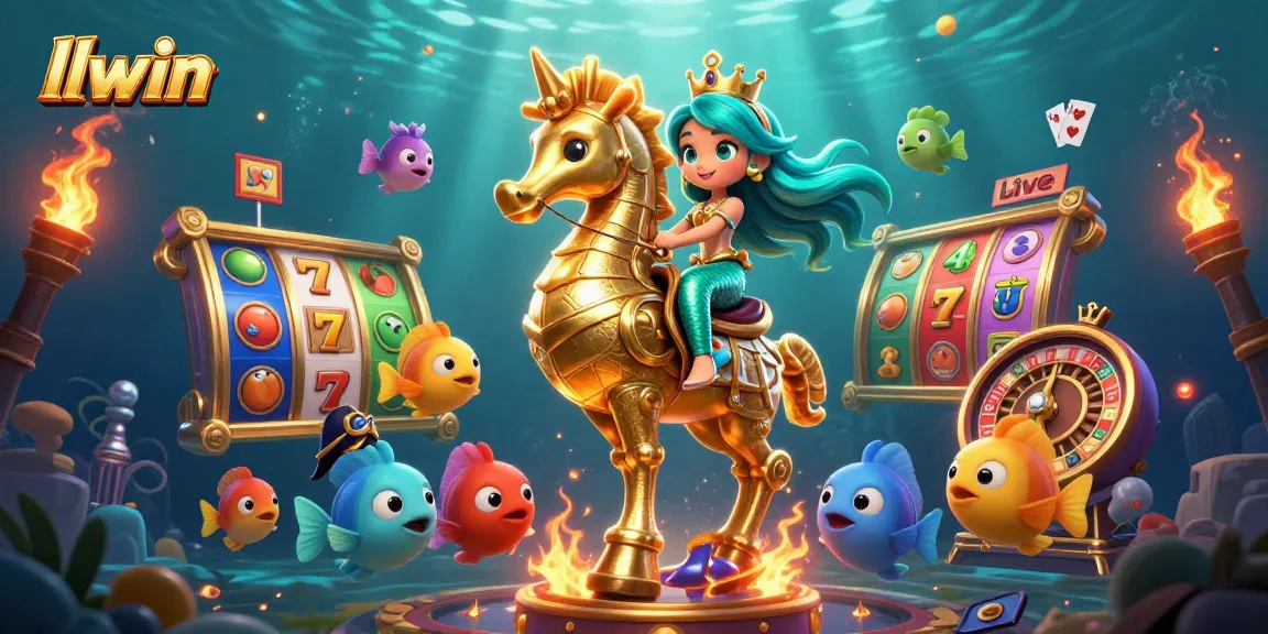 Engage with llwin's vibrant gaming atmosphere featuring mermaid royalty amidst slot reels and casino charms.