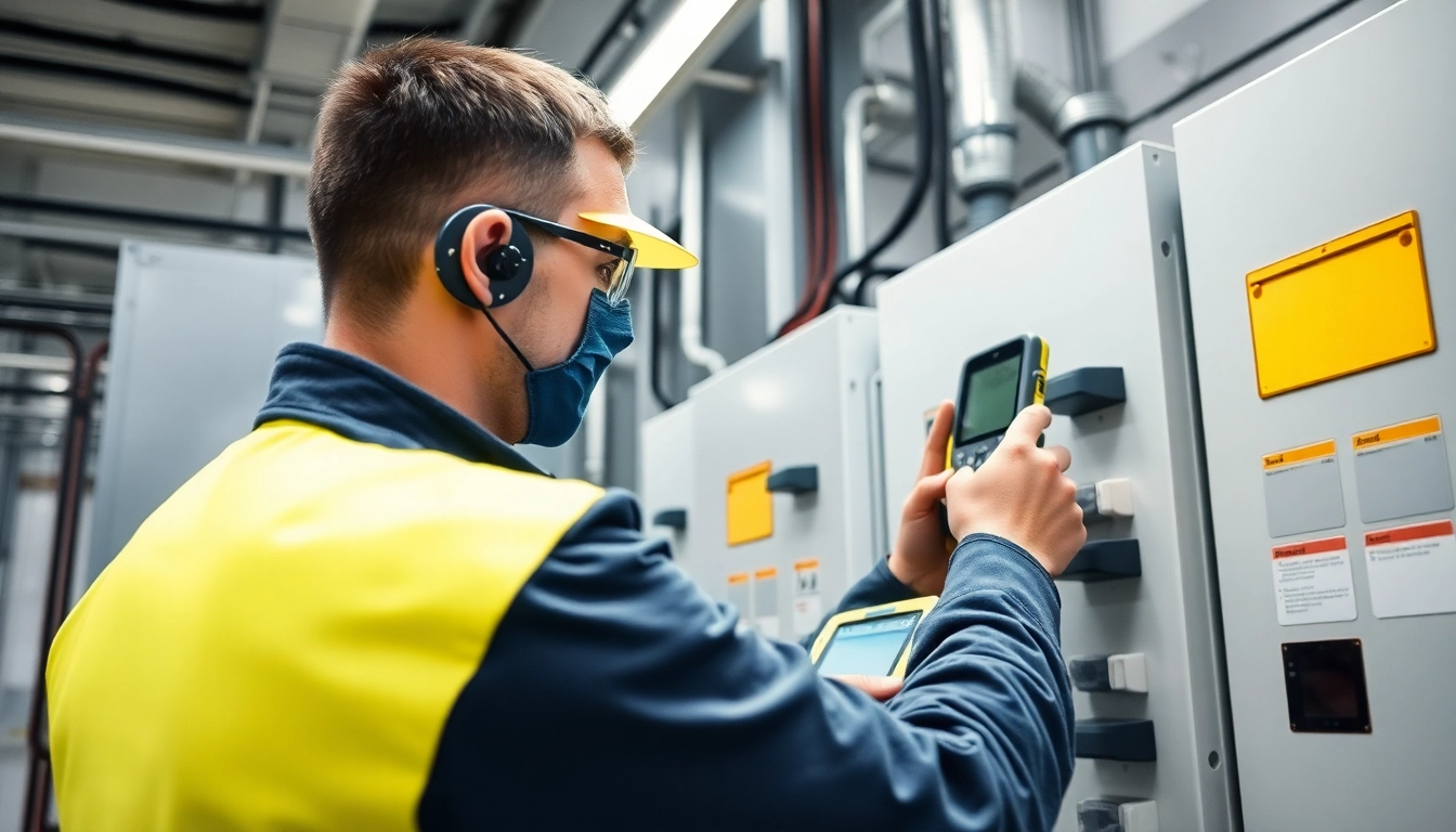 Technician conducting a DGUV V3 Prüfung to ensure electrical safety compliance with detailed inspection tools.