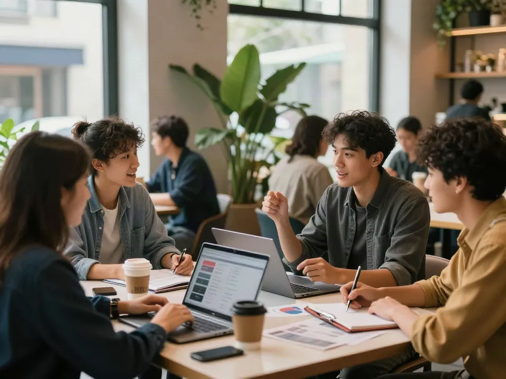 Young adults collaborating around a café table, showcasing the rokok88 link digital marketing spirit.