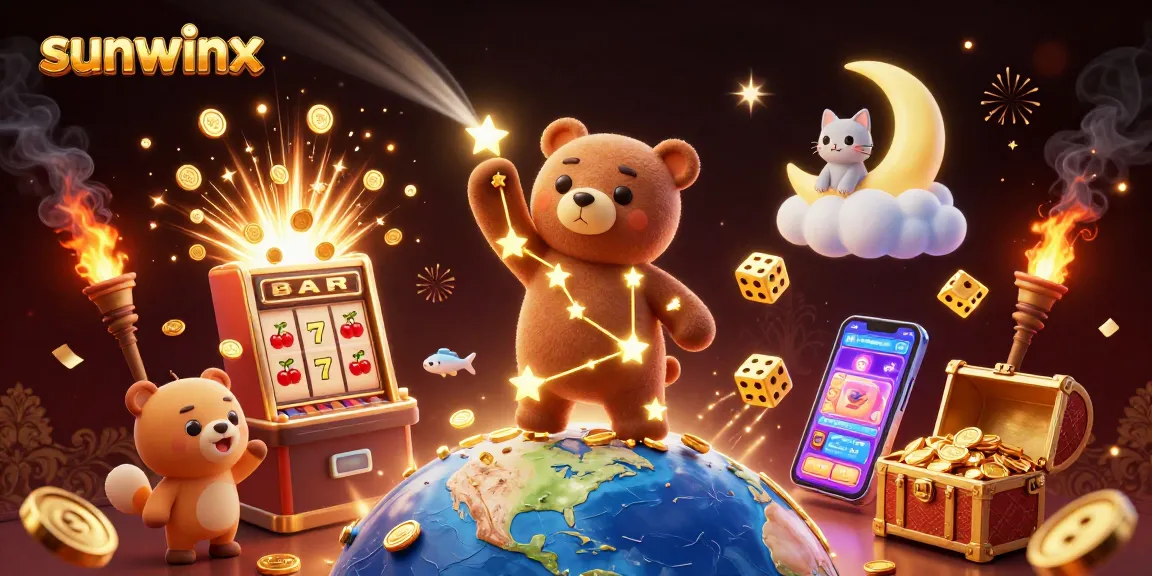 Experience thrilling wins at sunwinx with a dazzling 3D illustration of a bear collecting coins.