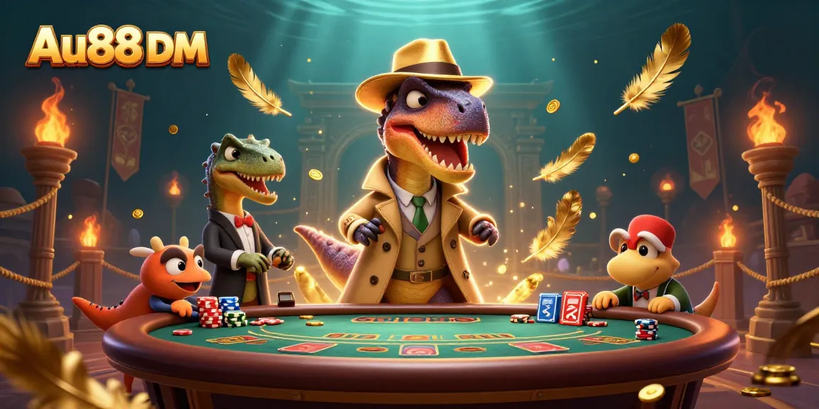Experience thrilling gameplay with Au88 DM at a vibrant casino scene featuring cartoon velociraptor and stegosaurus.