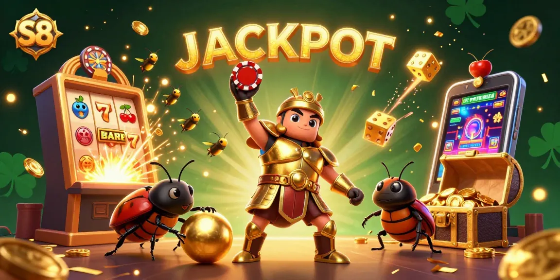 S8 showcases a victorious beetle with a poker chip as jackpot symbols burst around in this vibrant casino illustration.