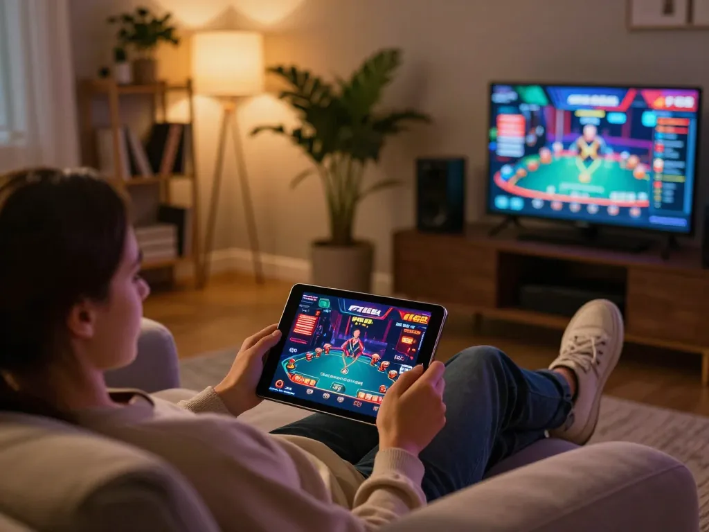 Joining LINK VÀO F168 for exciting online casino gaming session on a tablet in a cozy home