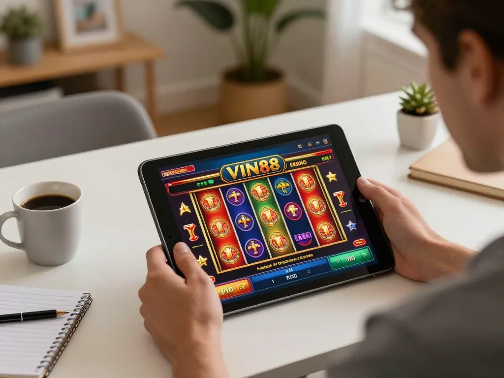 Experience exciting gameplay with the VIN88 online casino app on a stylish home desk.