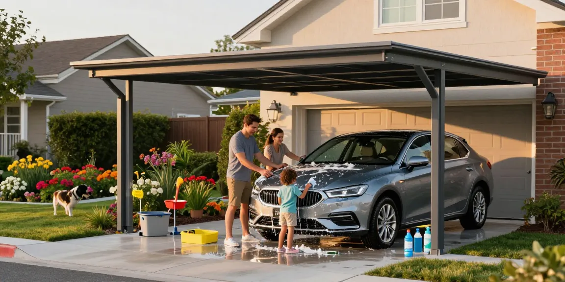 Moderne Carport-Szene mit Familie, die ihr Auto unter dem Carport wäscht, lebhafte Gartenumgebung.