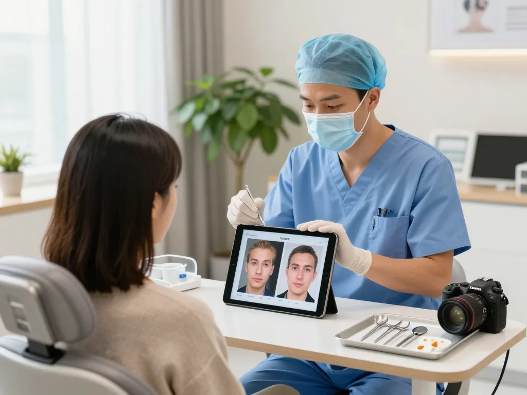 Konsultation für Haartransplantation Istanbul in einer modernen Klinik, mit einem Chirurgen, der die Sapphire FUE-Technik demonstriert.