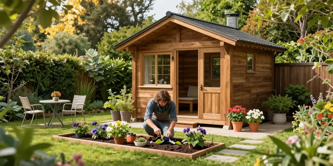 Hochwertiges Gartenhaus Holz mit blühenden Pflanzen im Garten umgeben.
