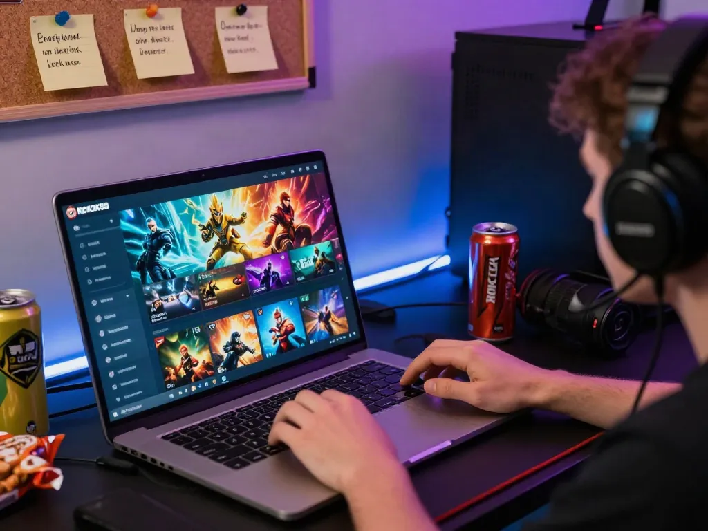 rokok88 login - Engaged gamer exploring ROKOK88 platform on a laptop in a vibrant gaming setup.