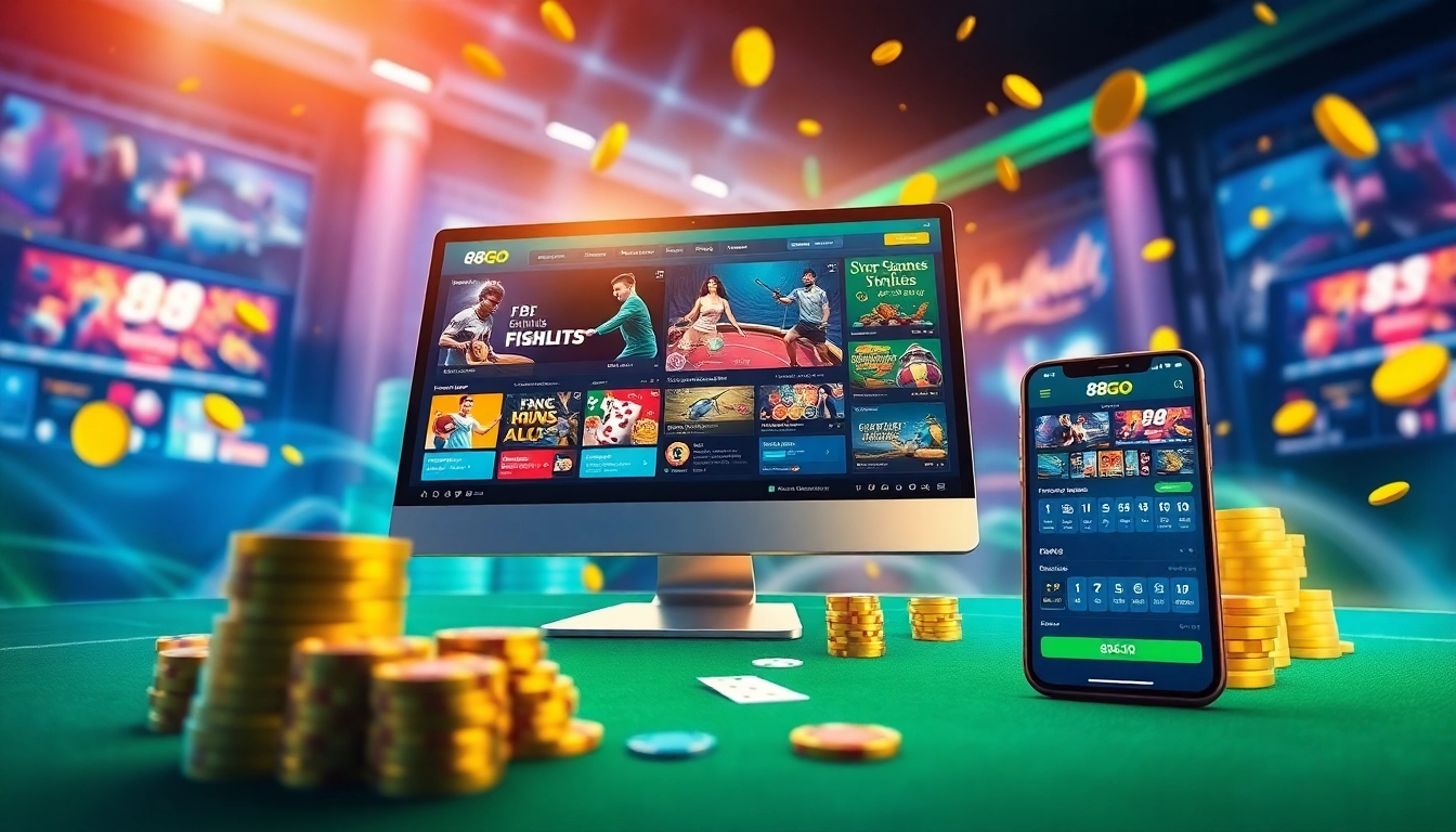Engaging visual of the online gambling experience with link vào 88GO highlighted, showcasing dynamic gaming on desktop and mobile.