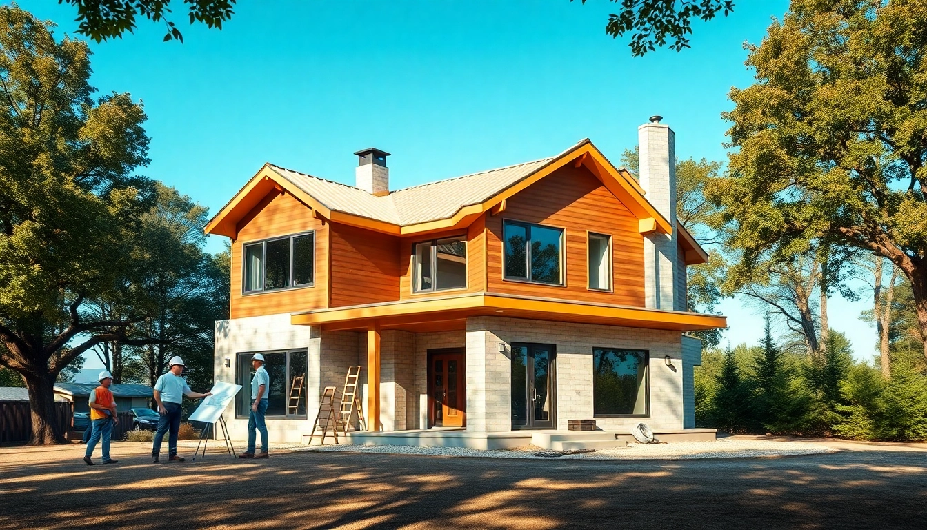 Haus bauen: Ein modernes Haus wird in einer ruhigen Umgebung gebaut, umgeben von Bäumen und blauen Himmel.