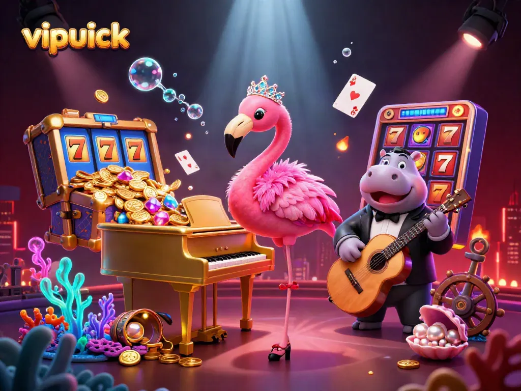 Experience thrilling gaming at vipluck with a cartoon flamingo singer and hippo bassist in a vibrant casino scene.