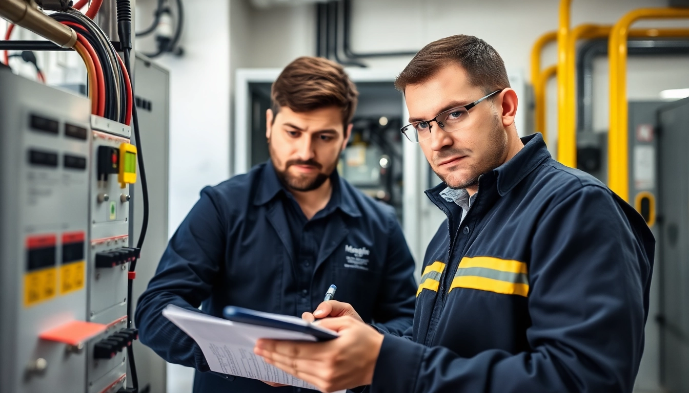 Technician performing DGUV V3 Prüfung on electrical equipment with a checklist in hand.