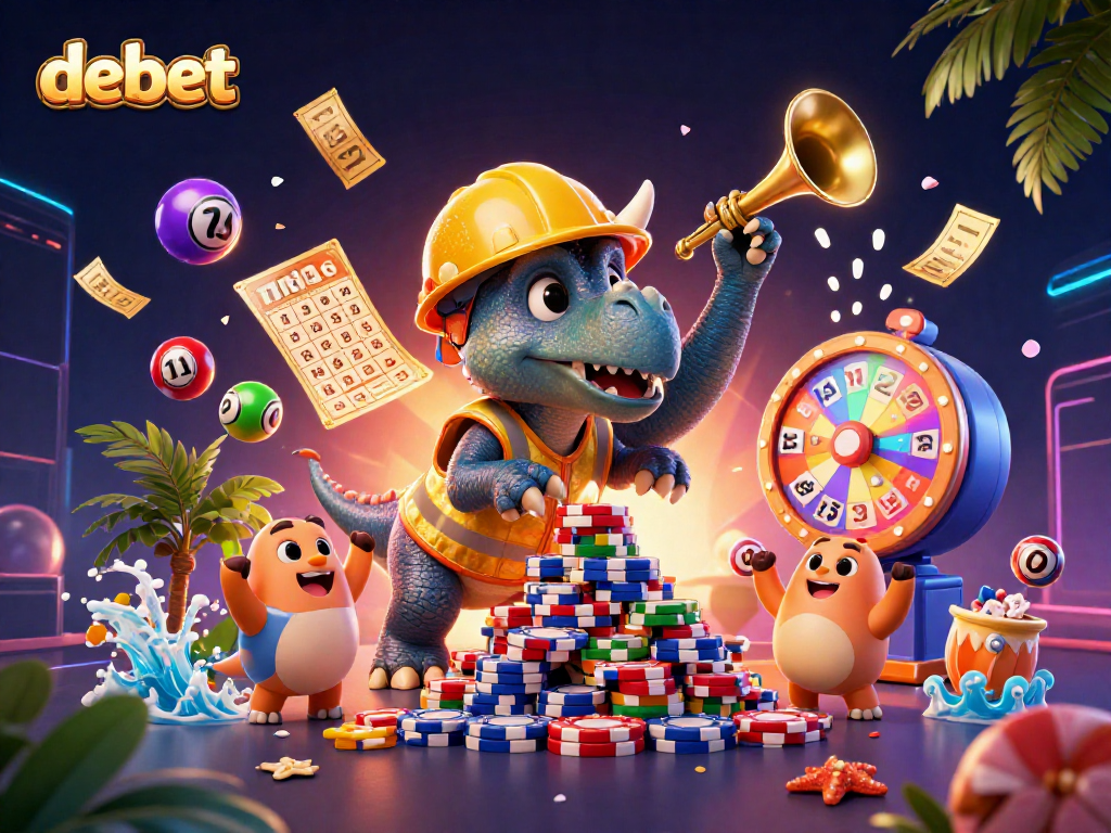 Bet on exciting games with debet in a vibrant, dynamic 3D casino scene.