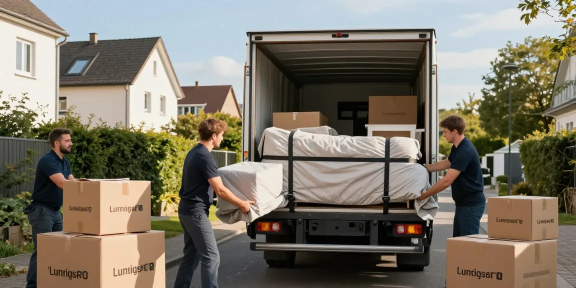 Professionelles Umzugsunternehmen Ludwigshafen verpackt Möbel im Freien für einen stressfreien Umzug.