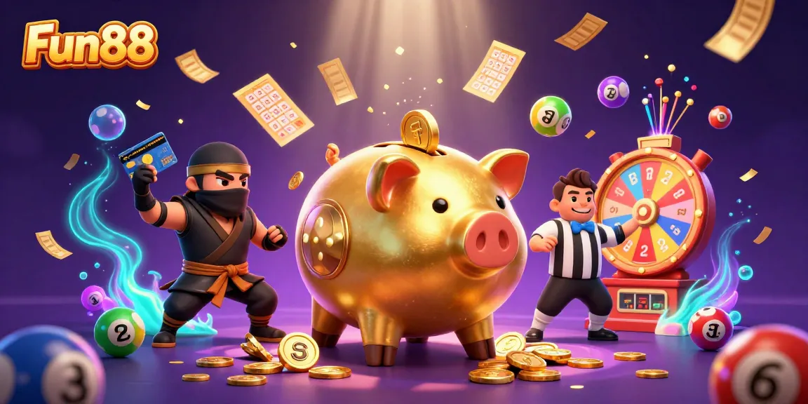 Experience Fun88 with an explosive casino scene featuring a piggy bank sumo wrestler and colorful lottery elements.