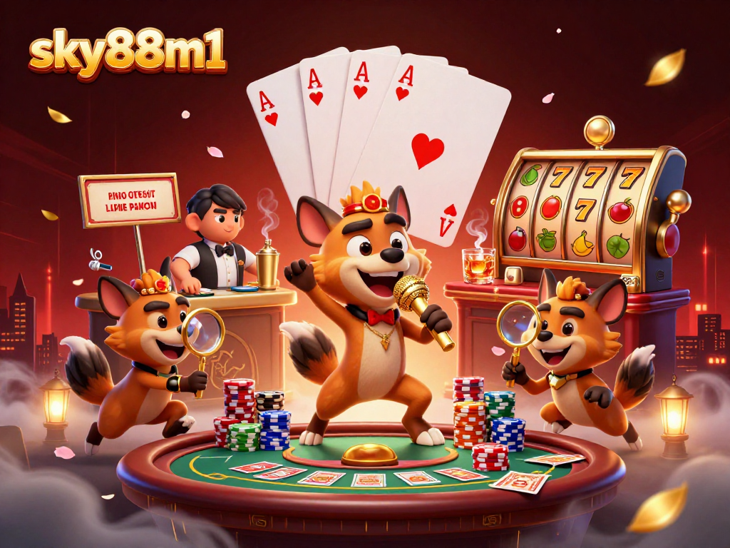 Engage in thrilling action at sky88m1 casino, featuring a lively scene with hyenas entertaining and gaming.