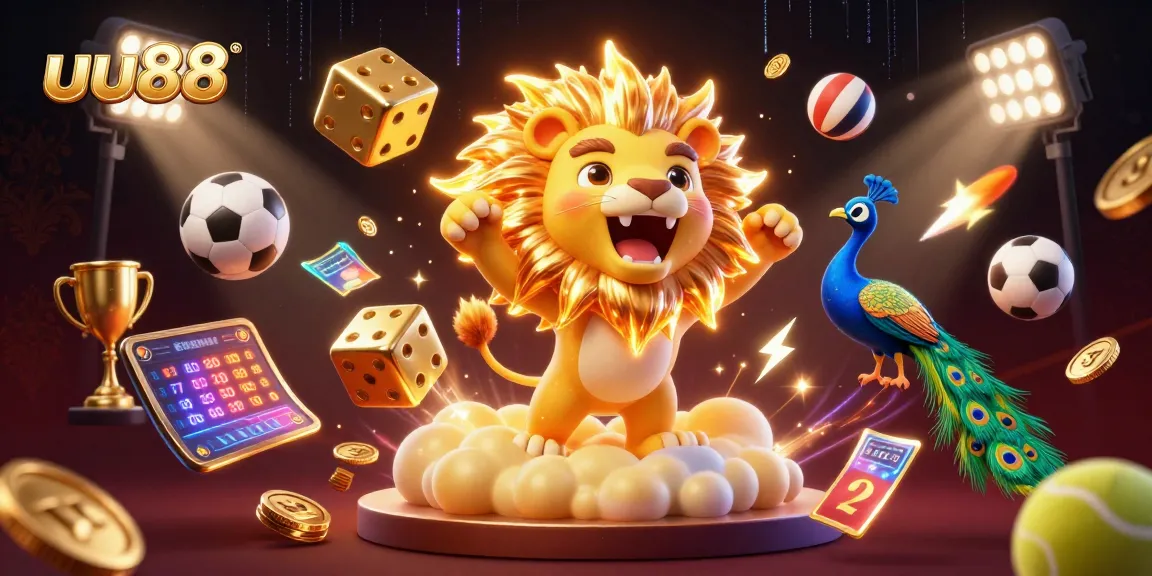 uu88 sports betting scene featuring a roaring golden lion, dice, and dynamic game elements.