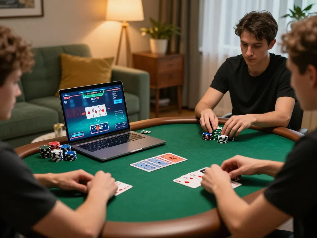 Players engaging in a thrilling online poker game at home showcasing 99win strategy.