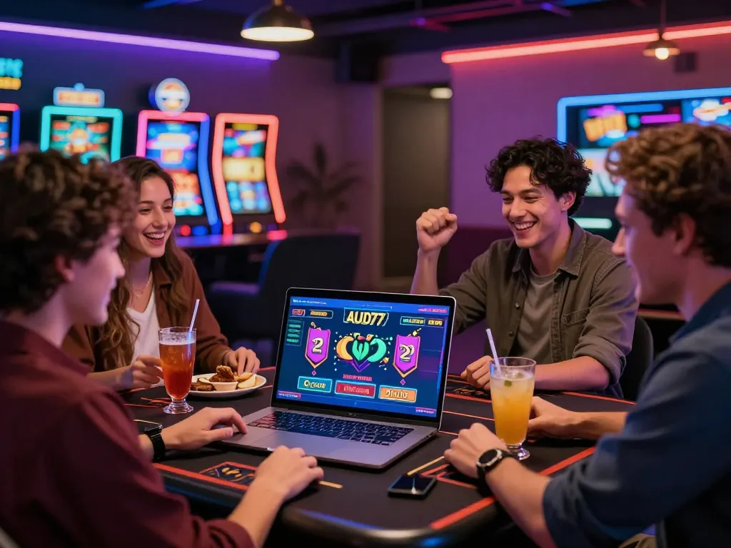 Friends celebrating a win on the aud77 online gambling platform in a vibrant casino setting.