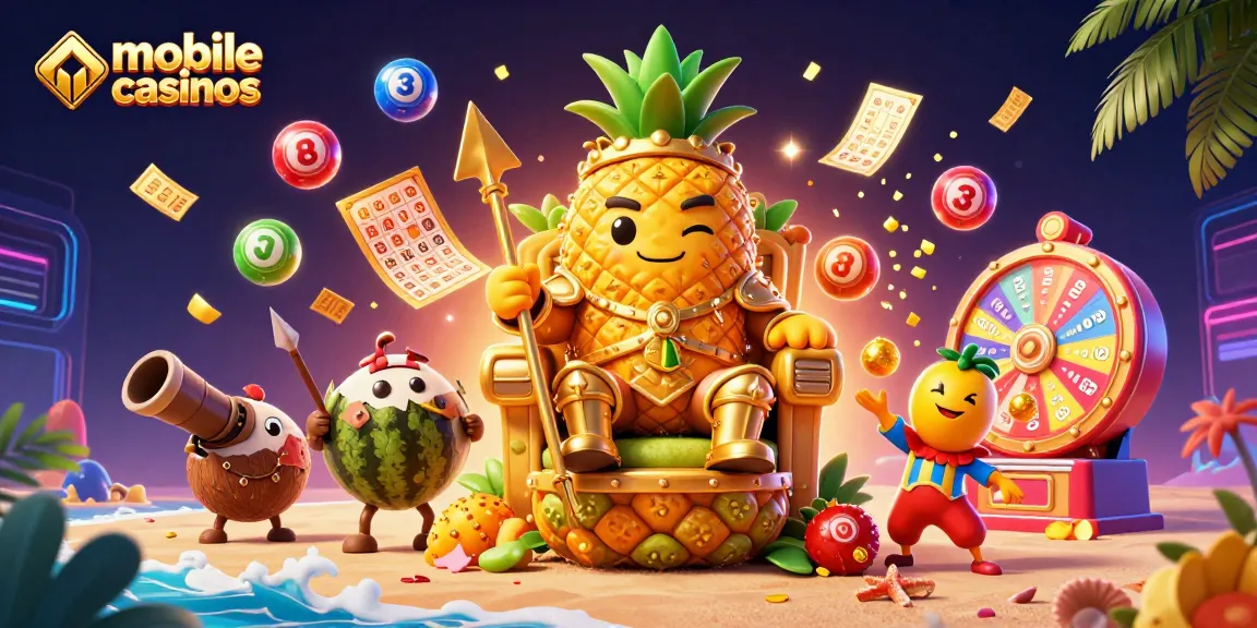 Engage with mobile casinos as a golden pineapple king rules a vibrant beach casino scene.
