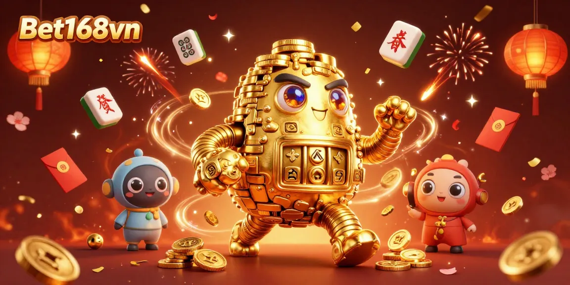 Experience thrilling gaming adventures with Bet168vn through festive golden golem illustrations.