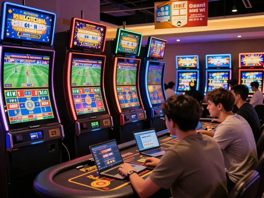 FABET online vibrant casino scene with players enjoying sports betting and slot machines.