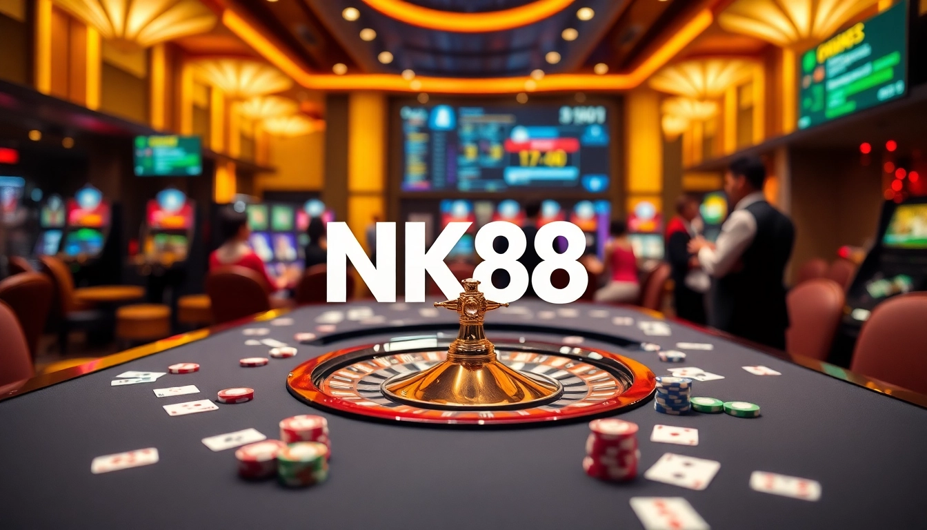 NK88 players engaging with a vibrant casino atmosphere featuring poker chips and a roulette wheel.