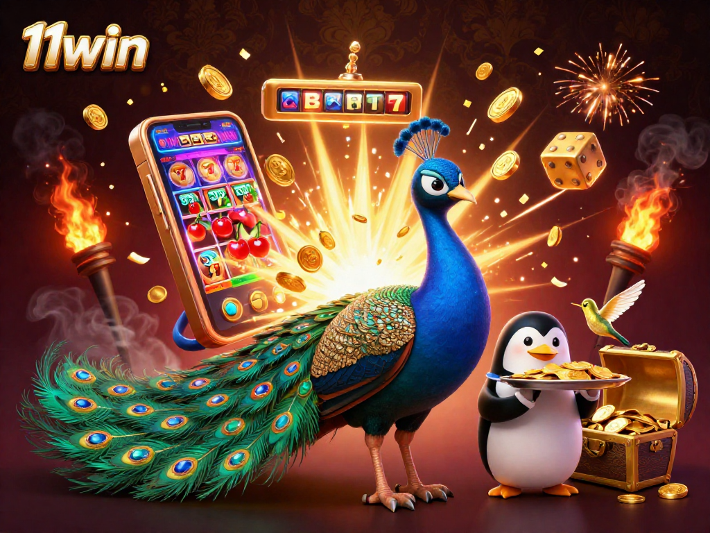 Engage with vibrant 11win casino action featuring an aristocratic peacock and exciting slot machine jackpots.
