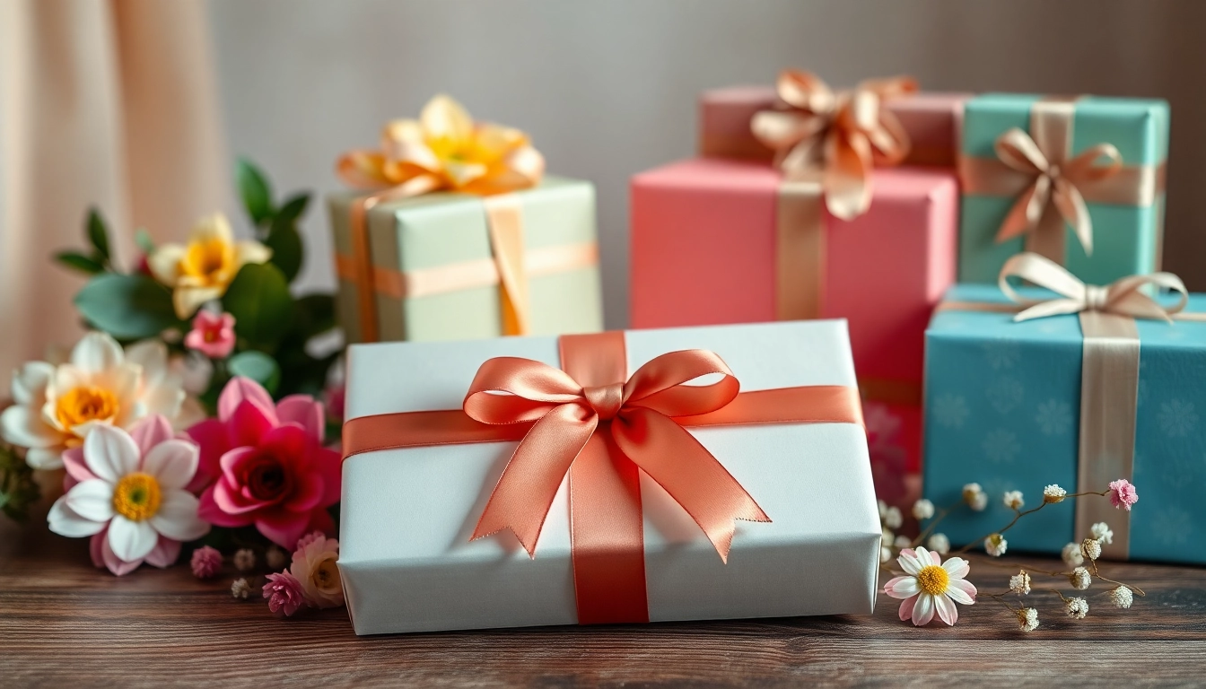 Präsentation von Geschenkboxen mit eleganten Ribbons und Blumen zur Feier.