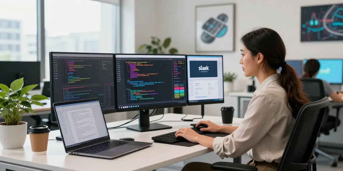 Windows 11 Systemsoftware für Unternehmen bei der Entwicklung in modernem Büro mit Codes auf Bildschirmen