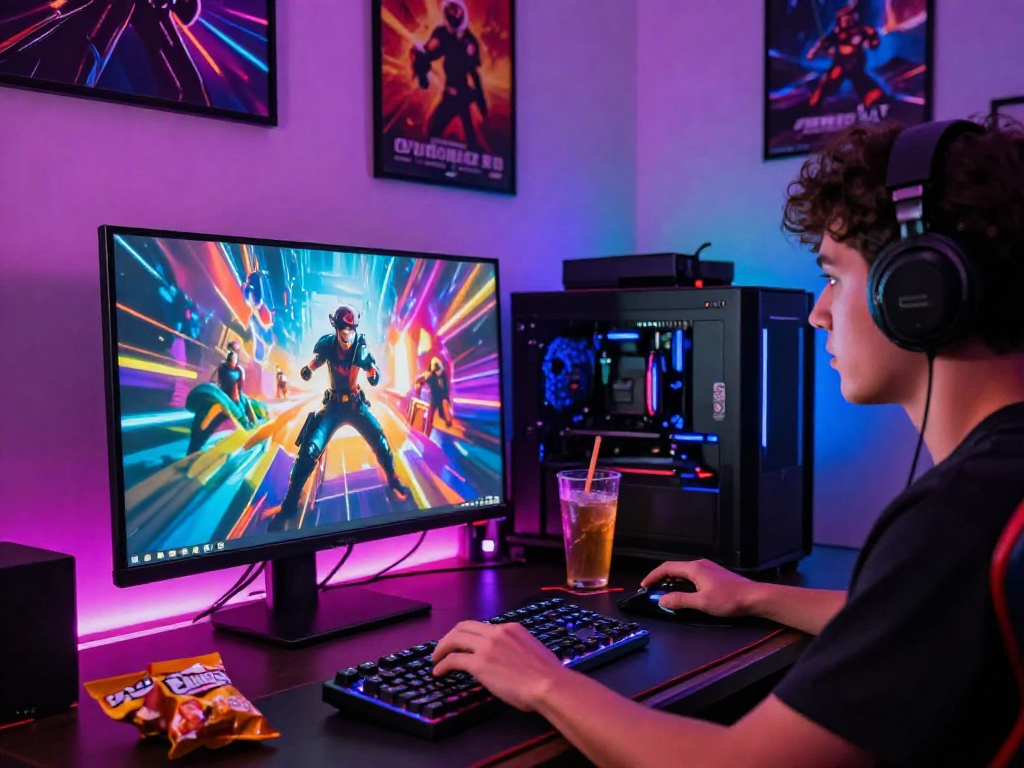 Engaging scene of a gamer accessing the rokok88 link login on a vibrant computer setup in a dynamic gaming space.