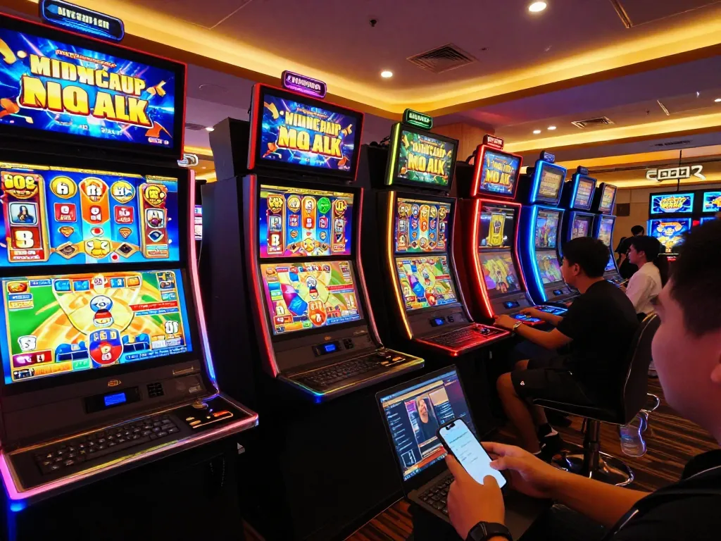 Players enjoying slot gacor games on their devices, celebrating wins in a vibrant online casino atmosphere