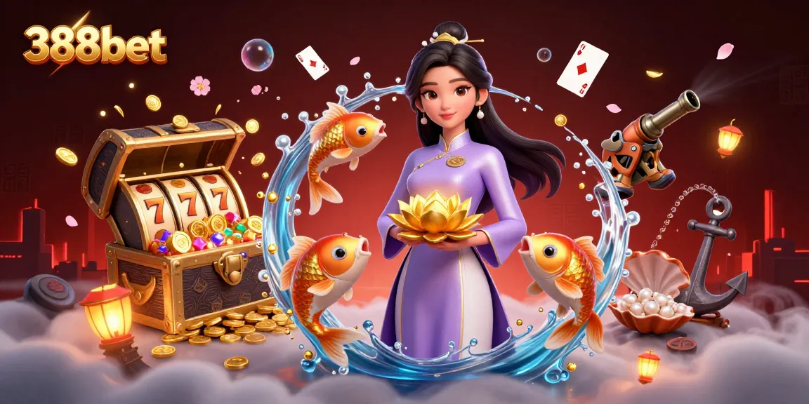 Explore the vibrant world of 388bet with an elegant Asian woman, koi fish, and dynamic casino elements.
