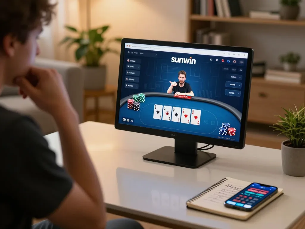 Person engaged in an online poker game on the sunwin platform, showcasing focused strategy.