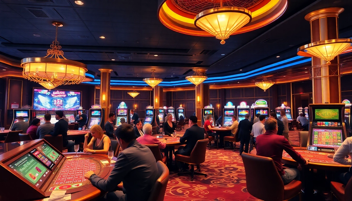 Spieler im casino ohne anmeldung genießen lebendige Atmosphäre in einem modernen Casino.