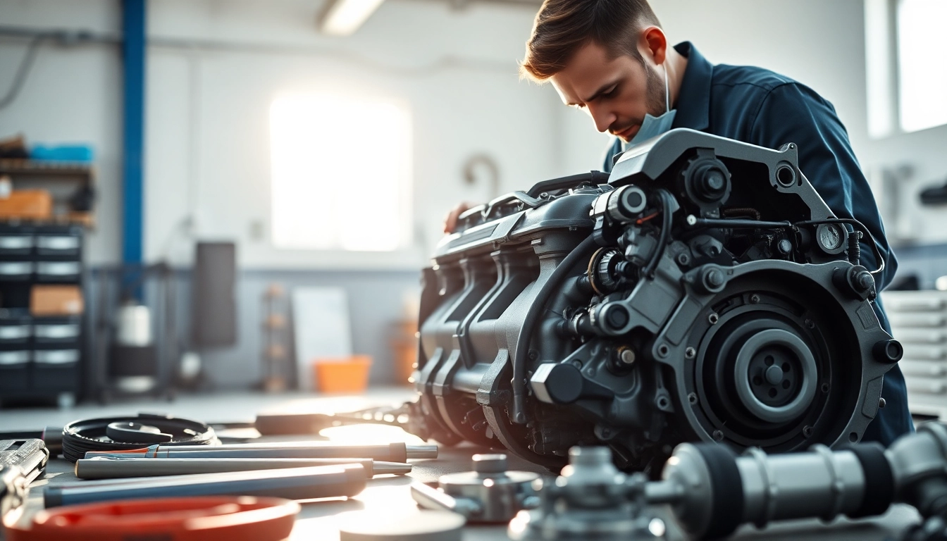 Motorschaden Ankauf - Techniker untersucht einen beschädigten Motor in einer hellen Werkstatt.